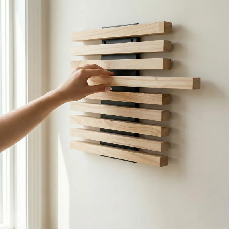 A hand sliding one of the slats of a wall-mounted Qoka Shelf