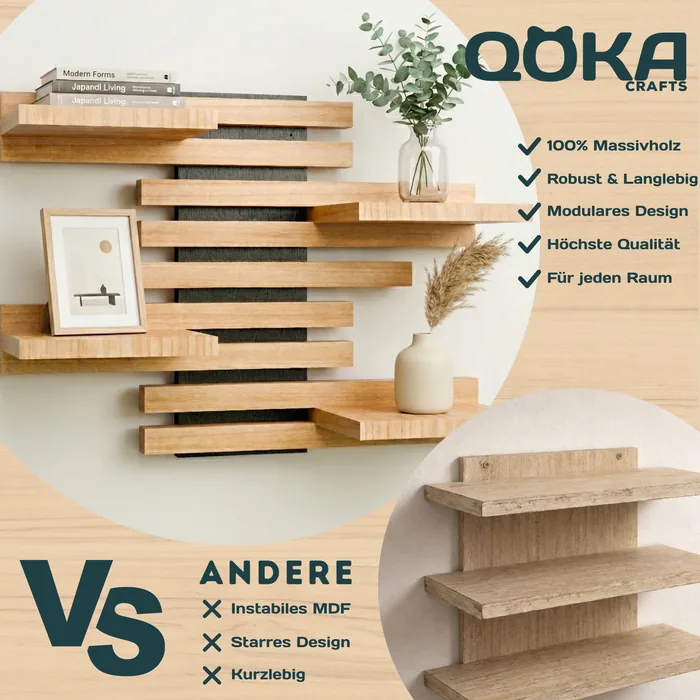Qoka Crafts: 100 % Massivholz, robust und langlebig, modulares Design, hochwertig, für jeden Raum. Andere Regale: instabiles MDF, starres Design, kurzlebig.