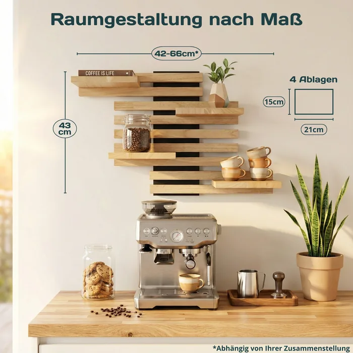Raumgestaltung nach Maß: 43 cm hoch, je nach Anordnung 42 bis 66 cm breit, 4 Regalböden mit 21 × 15 cm.