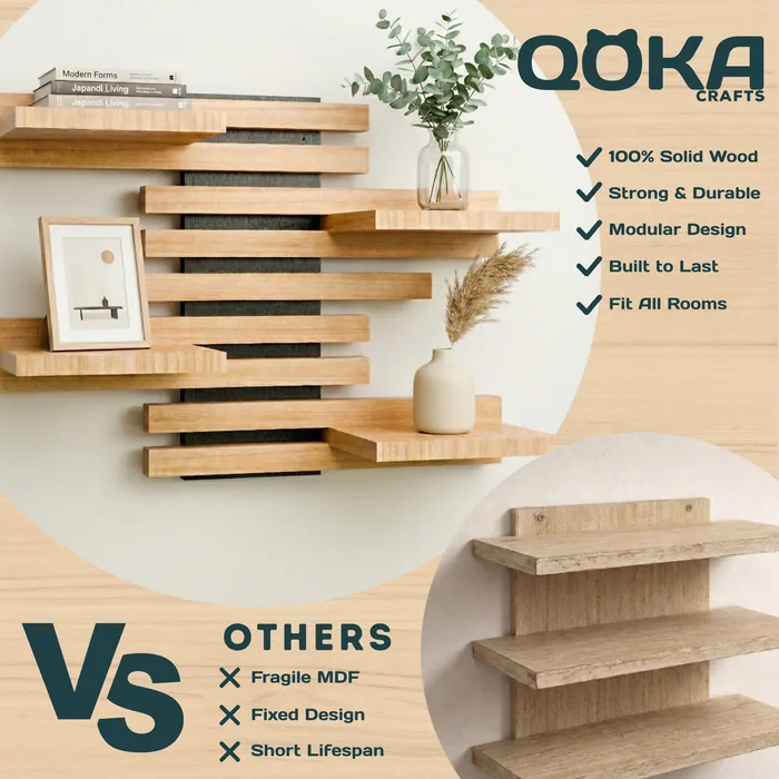 Qoka Crafts: 100% solid wood, strong and durable, modular design, built to last, fits any room. Other shelves: fragile MDF, fixed design, short lifespan.