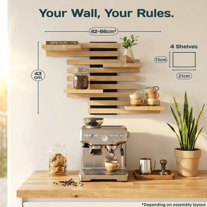 Your wall, your rules: 43 cm high, 42 to 66 cm wide depending on the layout, 4 shelves of 21 × 15 cm.