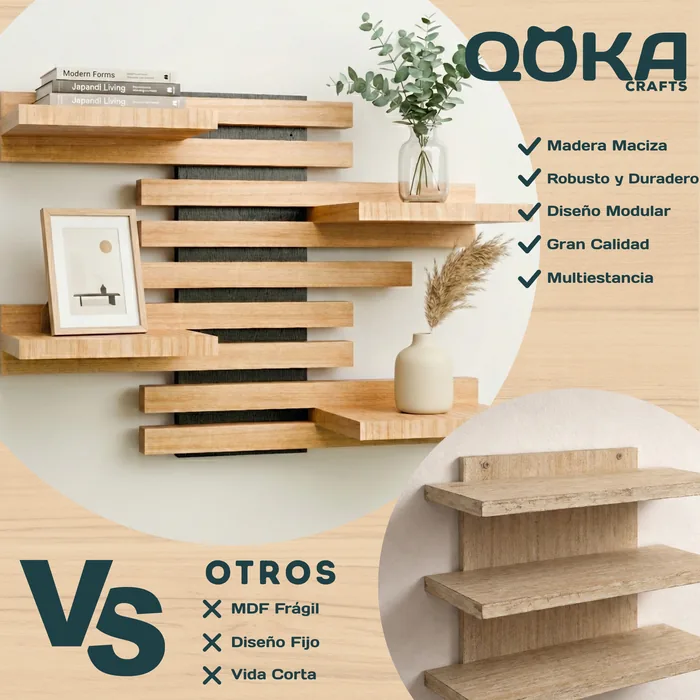 Qoka Crafts: 100 % madera maciza, robusta y duradera, diseño modular, gran calidad, para cualquier estancia. Otras estanterías: MDF frágil, diseño fijo, vida corta.