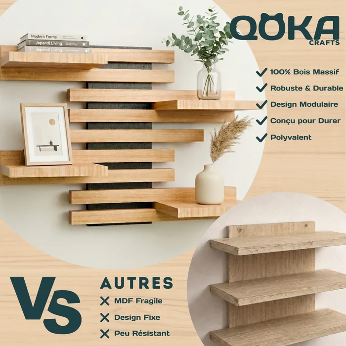 Qoka Crafts : 100 % bois massif, robuste et durable, design modulaire, conçu pour durer, polyvalent. Les autres étagères : MDF fragile, design fixe, peu résistant.