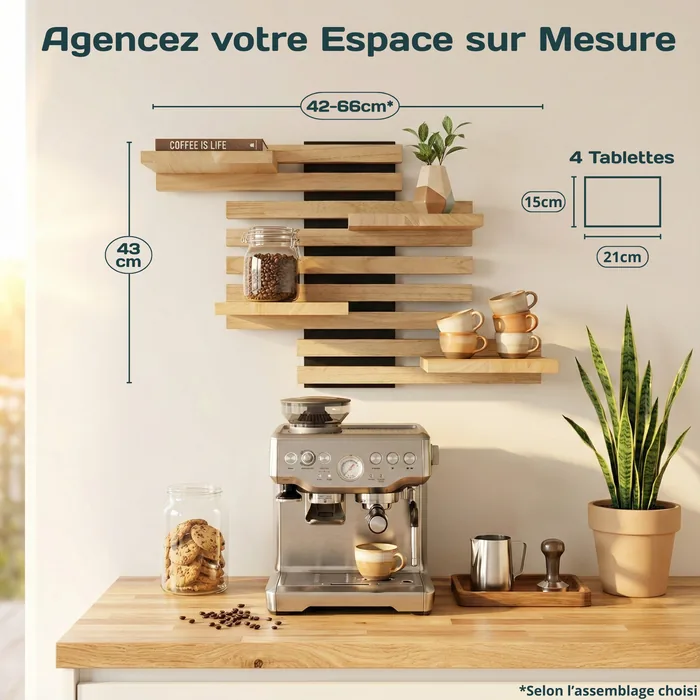 Agencez votre espace sur mesure : 43 cm de haut, de 42 à 66 cm de large selon l'assemblage choisi, 4 tablettes de 21 × 15 cm.