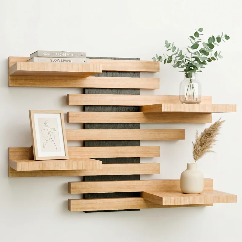 Black Qoka Shelf on the wall, with books, a frame, a plant and a vase on the shelves