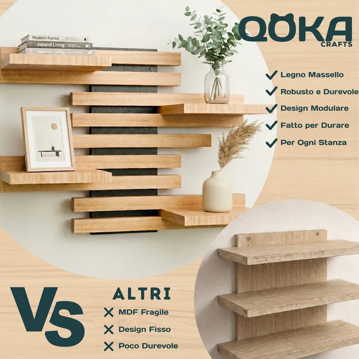 Qoka Crafts: 100% legno massello, robusta e durevole, design modulare, fatta per durare, per ogni stanza. Altre mensole: MDF fragile, design fisso, poco resistenti.