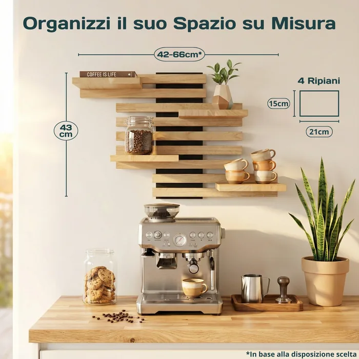 Spazio su misura: 43 cm di altezza, da 42 a 66 cm di larghezza a seconda della composizione scelta, 4 ripiani da 21 × 15 cm.