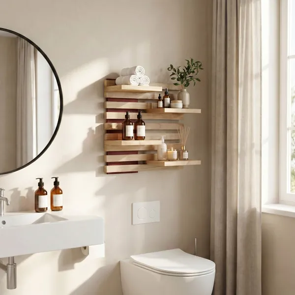 Red Qoka Shelf in a bathroom, with towels, bottles and a candle