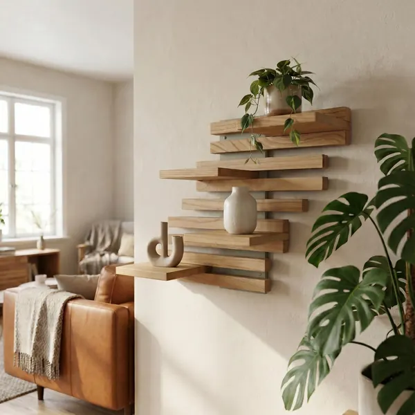 Sage Qoka Shelf in a hallway, with a plant and a vase