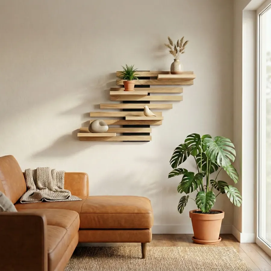 Black Qoka Shelf above a leather sofa in a bright living room